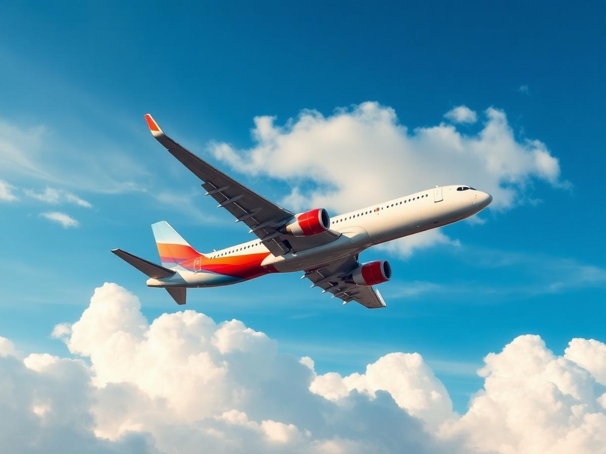 Airliner climbing into a bright blue sky