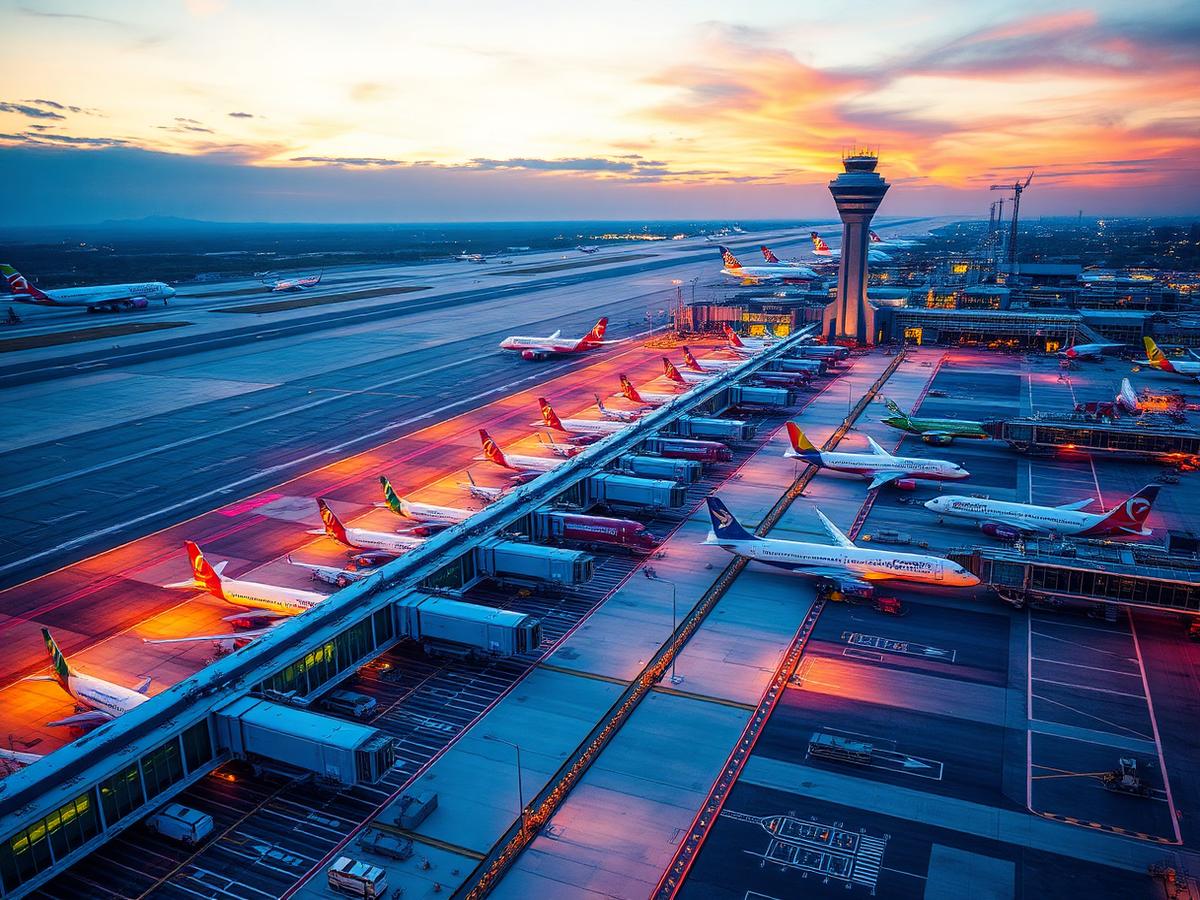 Aerial view of a busy international airport at sunset