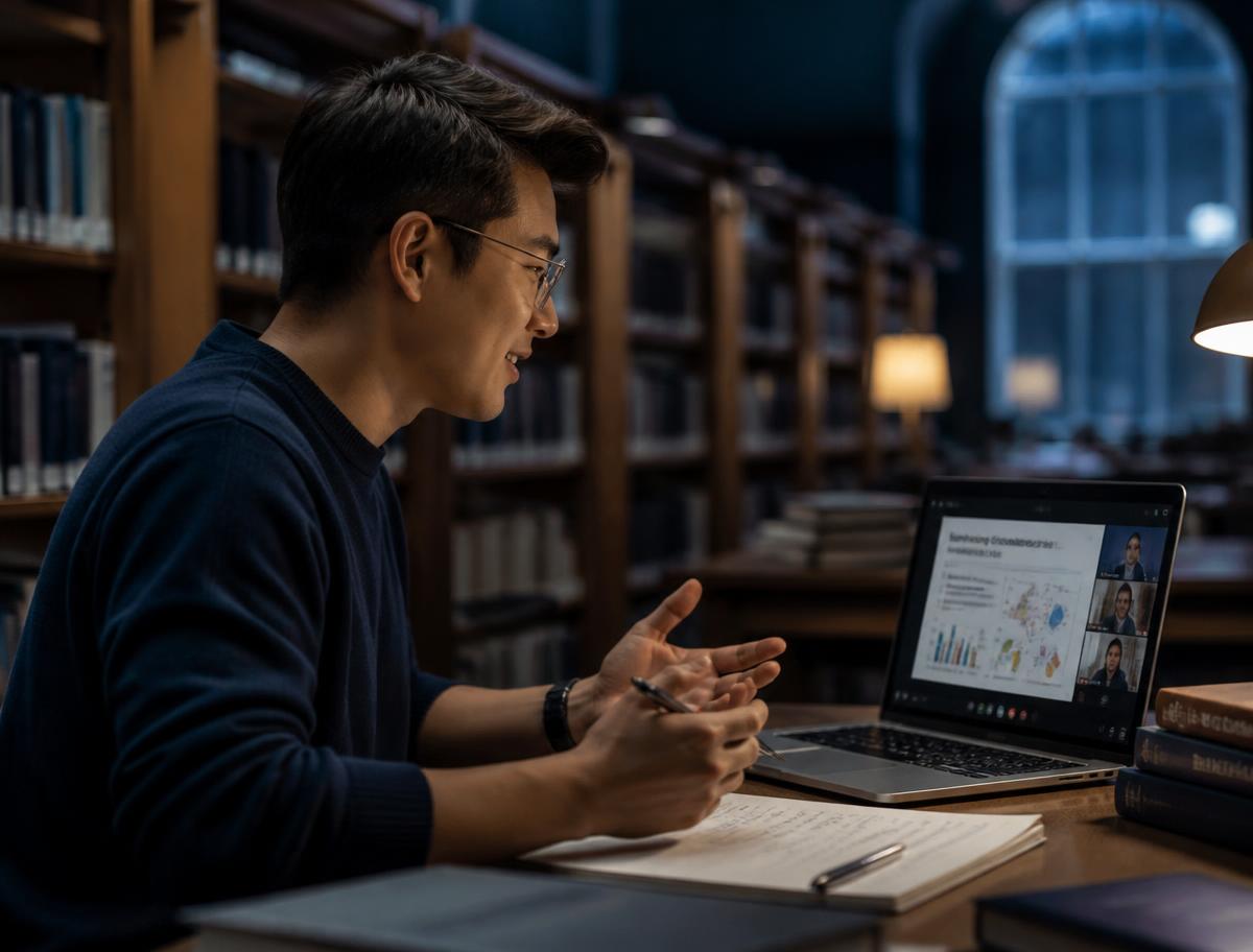 Researcher presenting a paper on a video call in a university library