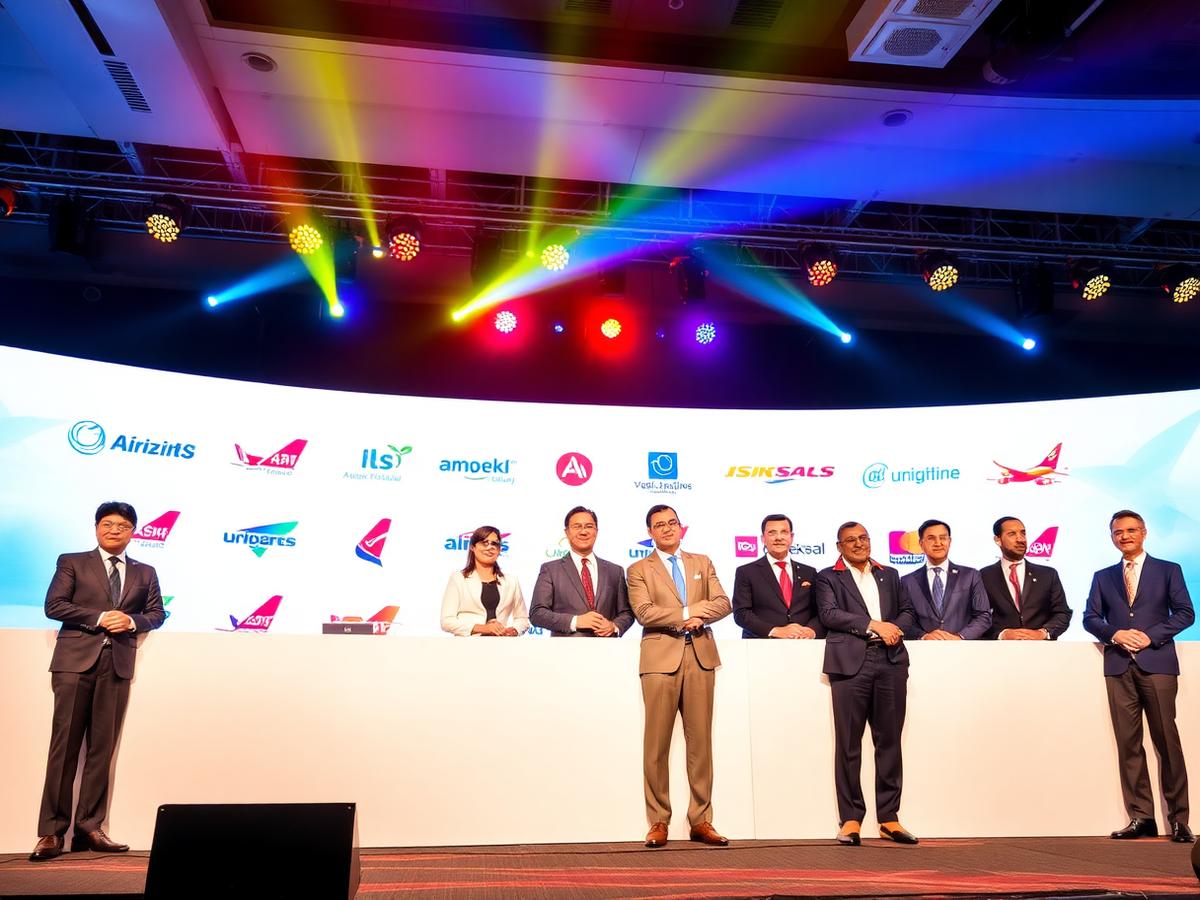 Aviation industry leaders on a brightly lit conference stage