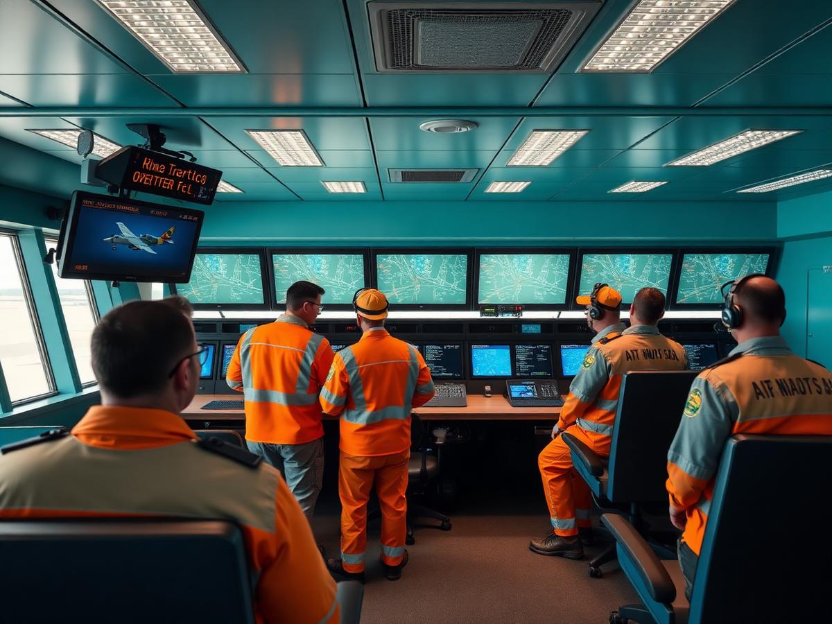 Air traffic controllers monitoring screens in a control tower