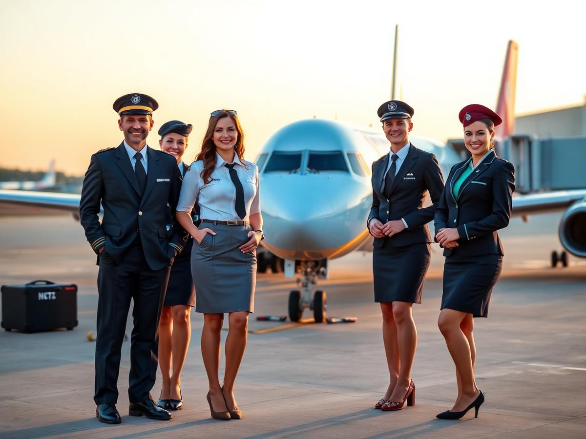 Pilots and cabin crew standing beside an aircraft at sunrise