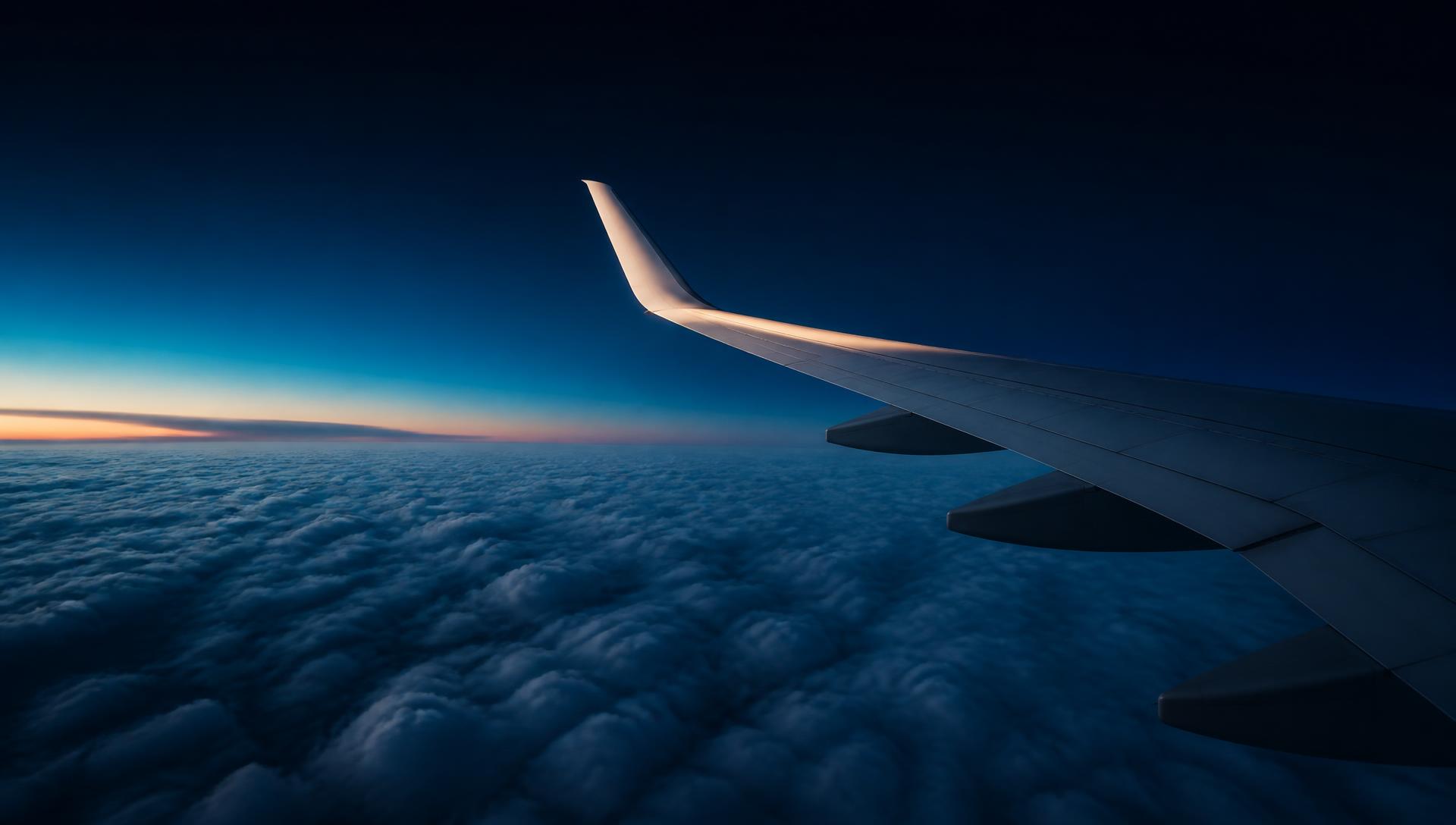 Airliner wing above a sea of clouds at dusk