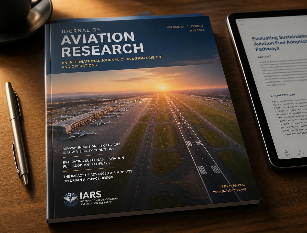 Aviation research journal on a desk beside a tablet showing an article