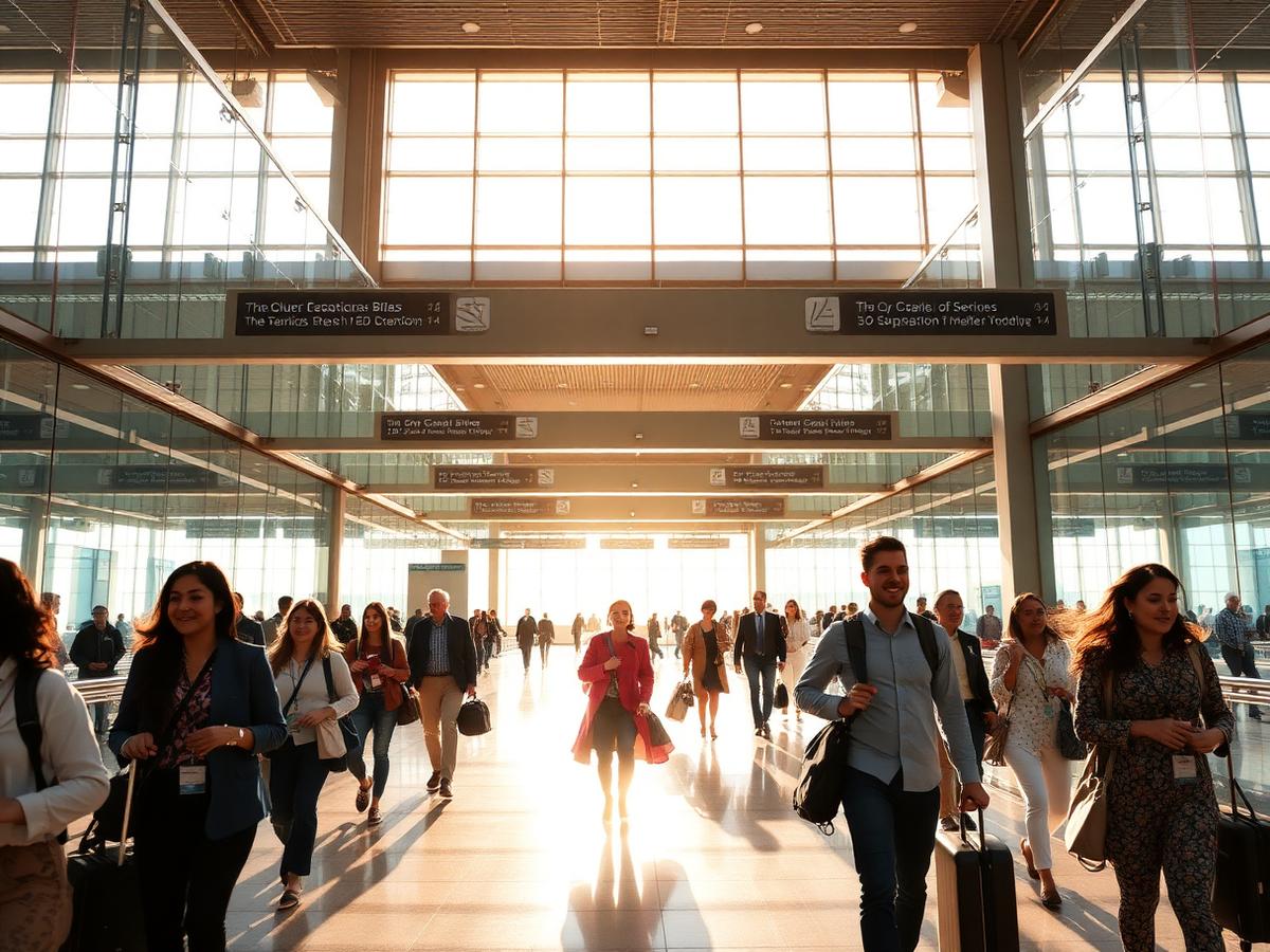 Passengers walking through a sunlit airport terminal