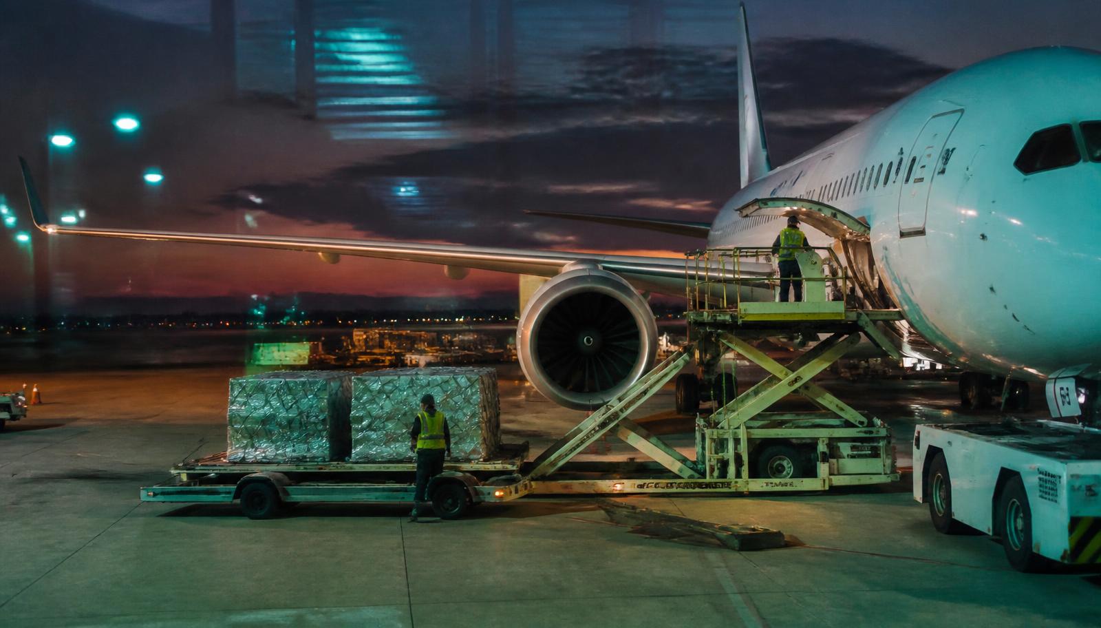 Ground handling crew loading cargo onto an aircraft at dusk