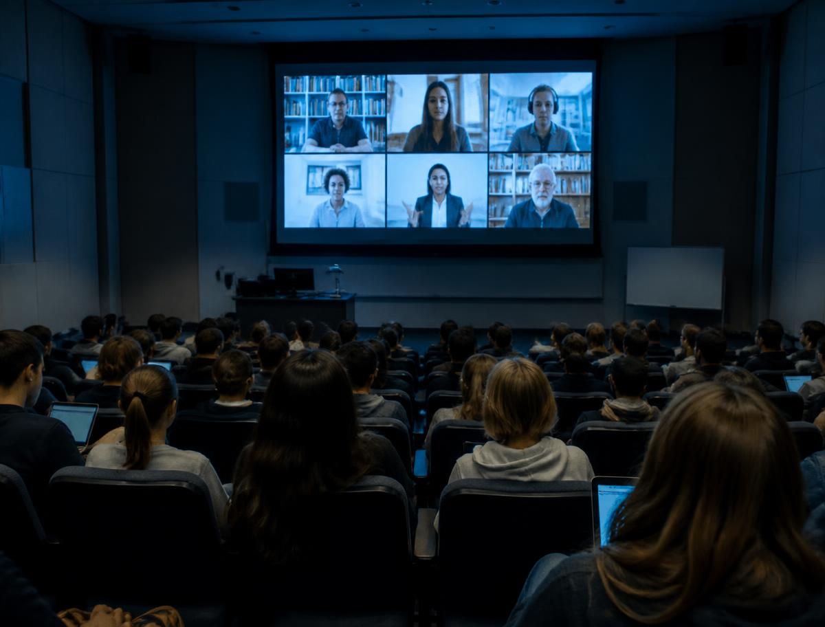 Students in a lecture hall watching a live broadcast panel